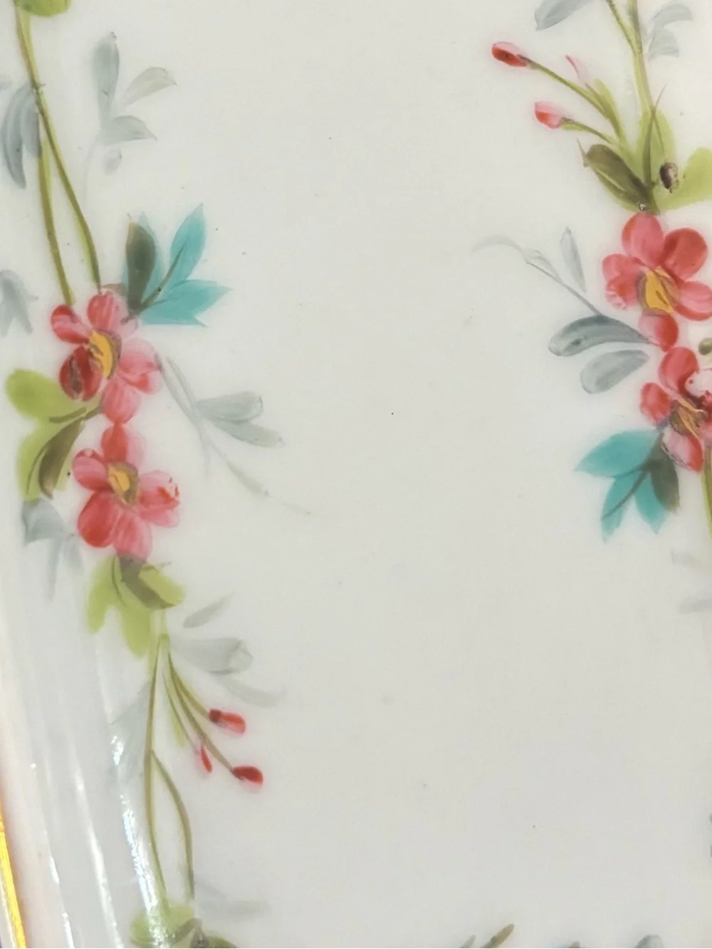 Porcelain Handpainted Floral Soap Dish - White, pink, green, with gold Trim
